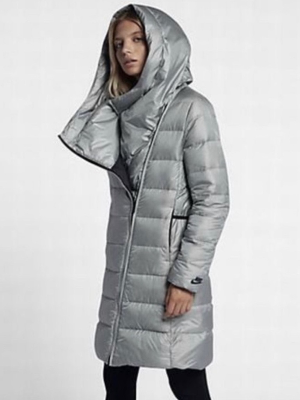 Nike S down fill parka silver asymmetrical zip up